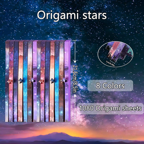 Origami Paper - 1080 Sheets Origami Star Paper Strips, 8 Different Designs of Beautiful Space Sky, Lucky Star Paper Strip Decoration Folding Paper...