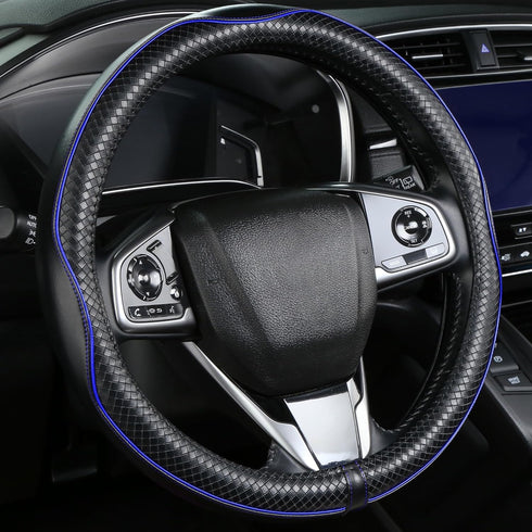 Leather Steering Wheel Cover?Black with Blue line?Anti-Slip, Safety, Soft, Sports Style, Black Steering Wheel Cover, Adaptable to 14.5-15 inches S...