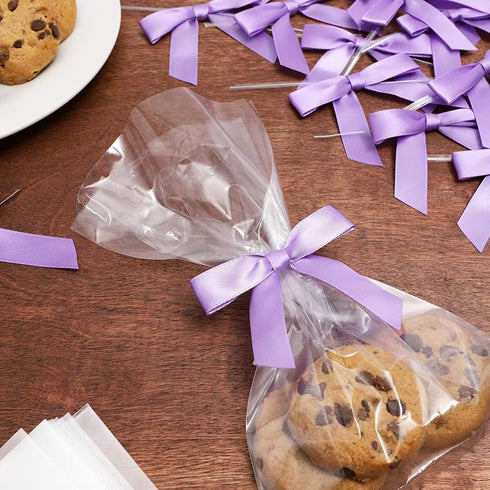 Bright Creations 100 Pack Purple Twist Tie Bows for Treat Bags, 3" Small Satin Ribbons for Craft Decoration, Gift Wrap, Themed Party Favors, Baked...