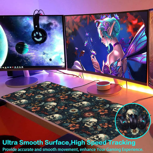 Desk Mat,Skulls with Flowers Large Gaming Mouse Pad for Desk XXL,Skull Floral Desk Pad for Desktop,Extended Big Computer Keyboard Mouse Pad with N...