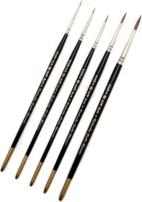 AIT Art Premium Detail Brush Set, 5 Pure Kolinsky Russian Red Sable Paint Brushes, Handmade in USA for Ultimate Details with Oil, Acrylic, and Wat...