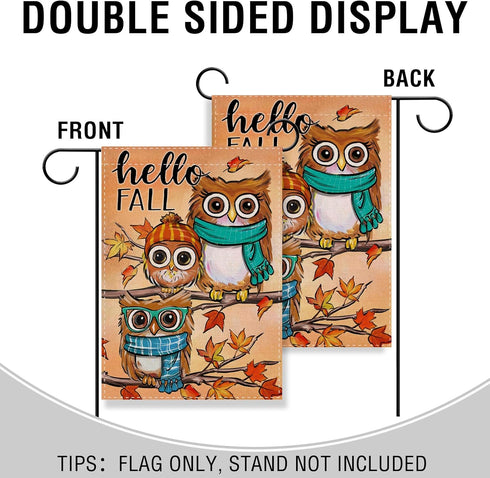 Hello Fall Owls Small Decorative Garden Flag, Autumn Maple Leaves Farmhouse Seasonal Yard Lawn Outside Decor, Thanksgiving Burlap Outdoor Home Dec...