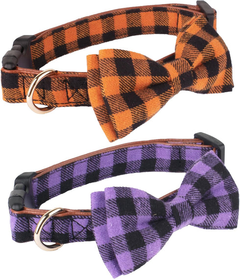 ADOGGYGO Halloween Dog Collar with Bow, Adjustable Plaid Dog Collars with Removable Bowtie Orange Purple Plaid Halloween Collars for Medium Dogs P...