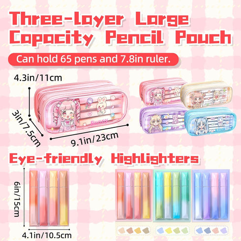ITA Pencil Pouch Kawaii Large Capacity Pen Case : Cute Aesthetic Pencil Box Stationery Supplies for Teen Girls, 4 Included Highlighters (Pink)...