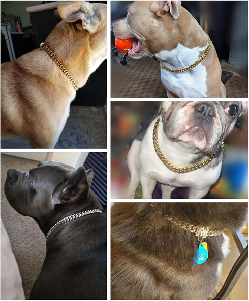 Heavy Duty Cuban Link Chain Dog Collars 15MM Gold/Silver Stainless Steel Metal Walking Training Collars with Cute Secure Design Buckle, Chew Proof...