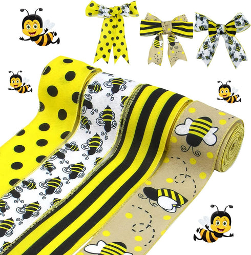 KIMOBER 4 Rolls Bumble Bee Ribbon, Yellow Honeybee Wired Edge Burlap Ribbon for Wreaths,Gift Wrapping,Spring Summer Party Decoration(2.5in × 6.5Ya...