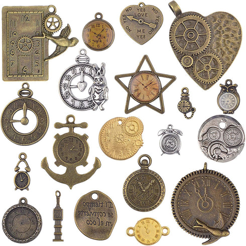 BronaGrand 20pcs Mixed Antiqued Charms Clock Face Charm Pendant, DIY Crafts, Gears, Jewelry Making, Steampunk Pendants,3 Colors...