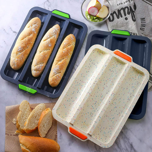 Baguette Pans for Baking / 3 Loaf, Silicone Loaf Roll Pan Cake Mold Tray, Non-Stick Baking Hot Dog Sandwich Mold, Grey, 34.5 CM...