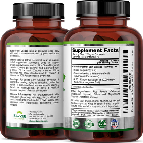 Zazzee Extra Strength Citrus Bergamot 25:1 Extract, 1200 mg, 40% Polyphenolic Flavanones, 150 Vegan Capsules, 30,000 mg Strength, Concentrated and...