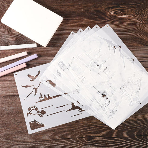 6pcs Mountain Stencils for Painting on Wood, Reusable Wood Burning Stencils Pine Tree Wildlife Deer Template Forest Pattern Stencils for Wall Draw...