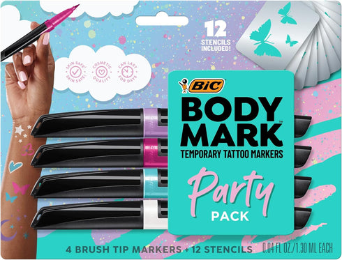 BIC BodyMark Party Pack Temporary Tattoo Marker for Skin, Premium Brush Tip, 4 Count Pack...