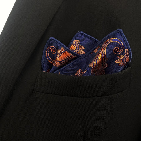 SHLAX&WING Paisley Navy Blue Orange Yellow Handkerchief Mens Ties Silk...