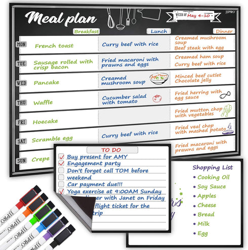 JJPRO Magnetic Dry Erase Meal Planning Whiteboard for Refrigerator-One 14.5x11" Weekly Menu Board and Two Notes Whiteboard for Kitchen Fridge-Refr...