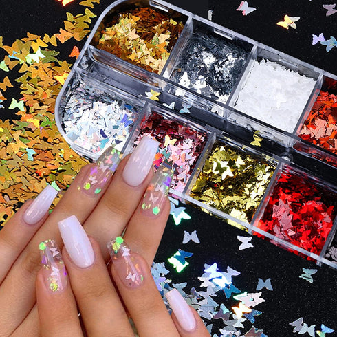 12 Colors Butterfly Nail Art Stickers Butterflies Nail Glitter Sequins 3D Art Accessories Butterfly Shape Flakes Powder Holographic Gold Red Pink ...