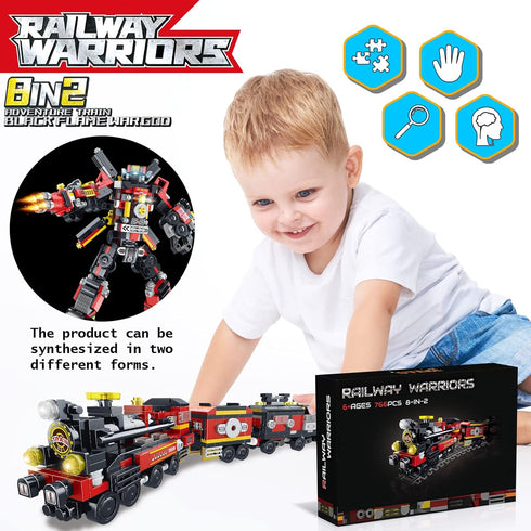 Transforming Train Building Block Toys for Boys Girls Aged 6-12.Steam Train or 8 Locomotive Models or Train Warrior Robot.Wheeled Train Toys.8in2 ...