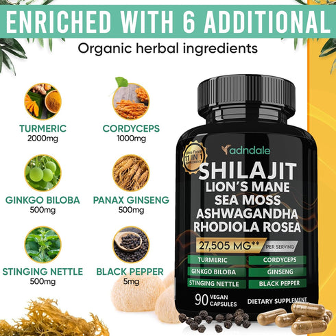 Shilajit Pure Himalayan Organic. 11-in-1 Shilajit for Men. Shilajit Capsules with Sea Moss Himalayan Shilajit Ashwagandha Rhodiola Rosea Panax Gin...
