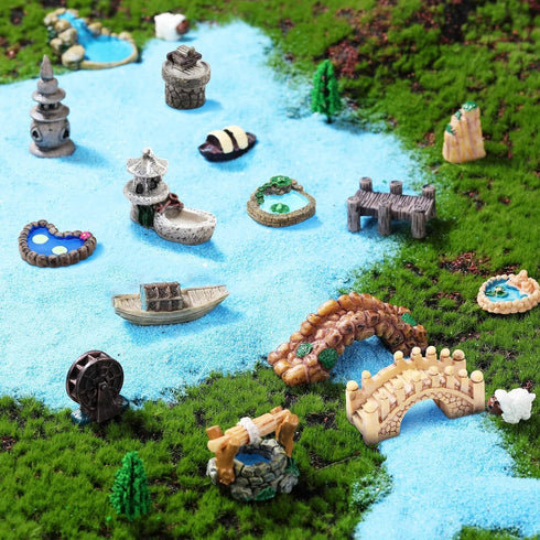 Pool Towers Miniature Fairy Garden Accessories,Miniature Pond Lawn Garden Ornament Figurines, Mini Lighthouse Water Well Bridge Figurines, Micro L...