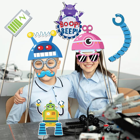 25Pcs Robot Photo Booth Props with Stick, Birthday Theme Selfie Props, Robotics Party Supplies, Kids Photography Backdrop Decorations...