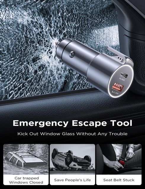 LISEN PD45W&QC24W Car Charger Adapter Fast Charging, 3 in 1 Super Fast Charging Adapter Metal Window Breaker Seatbelt Cutter for iPhone 15 14 Pro ...