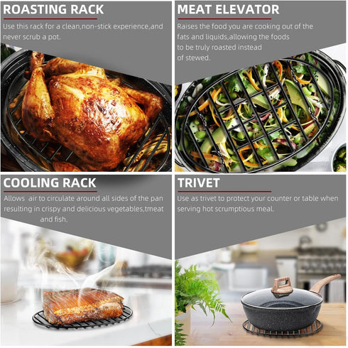Roasting Rack, Black with Integrated Feet, Enamel Finished, Nonstick, fit for 13 inches oval roasting pan, safety, dishwasher, Great for Basting, ...