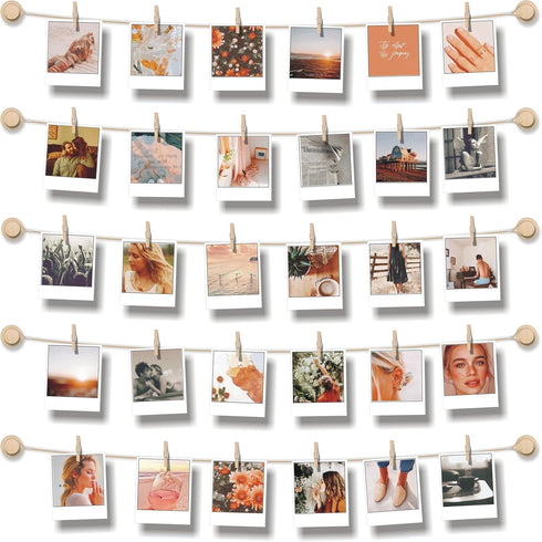 BIZYAC Hanging Photo Display Room Wall Decor - Sculptural Picture Frames Collage - 5 Strings with 30 Clips - 3M Self Adhesive Hooks - No Holes Dri...