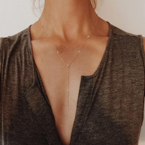 Lariat Necklace for Women, Dainty Layered Gold Long Necklaces 14k Gold Plated Beaded Bar CZ Drop Necklace Simple Gold Y Choker Necklaces for Women...