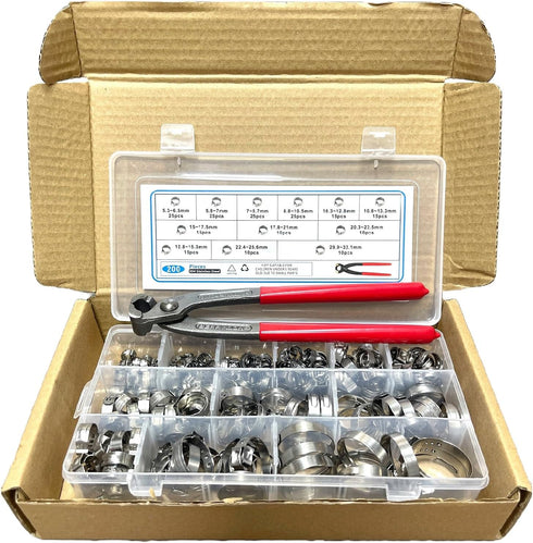 200 Pcs 304 Stainless Steel Stepless Single Ear 5-33mm Hose Clamps with Pincers Crimper Tool Kit | Securing Pipe Hoses Automotive | Cinch Rings Pi...
