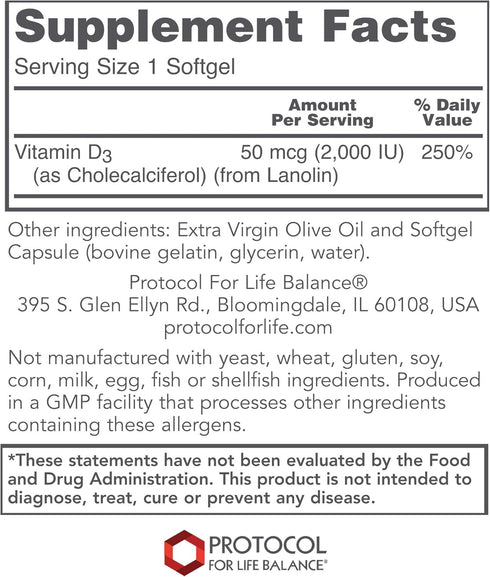 Protocol Vitamin D3 2,000 IU - Bone & Teeth Support* - Dietary Supplement for Immunity & Bone Mineralization* - Non-GMO, Halal, Keto-Friendly - 12...