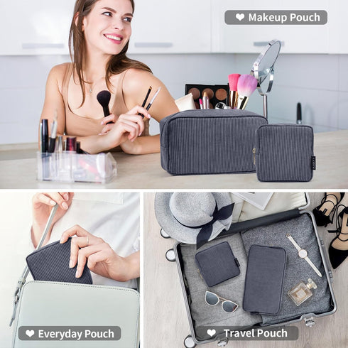 MAGEFY Makeup Bag 2 Pcs Corduroy Cosmetic Bag Mini Big Makeup Bags for Women Travel Pouch with Slip-in Pockets Eco?Black?...