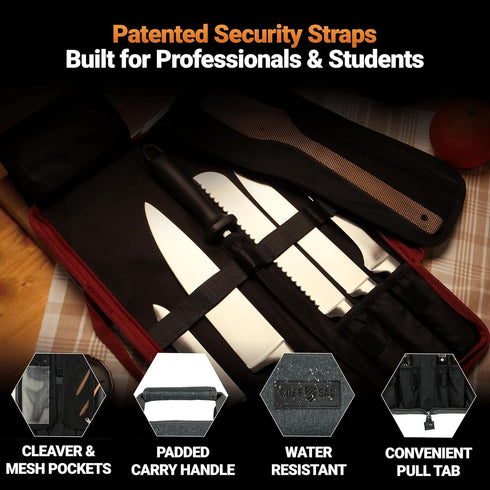Chef Knife Roll Bag Travel Case | 8 Pockets for Knives & Tools | 2 Flaps with Cleaver & Mesh Pocket | Honing Rod Slot | Chef Knife Case for Profes...