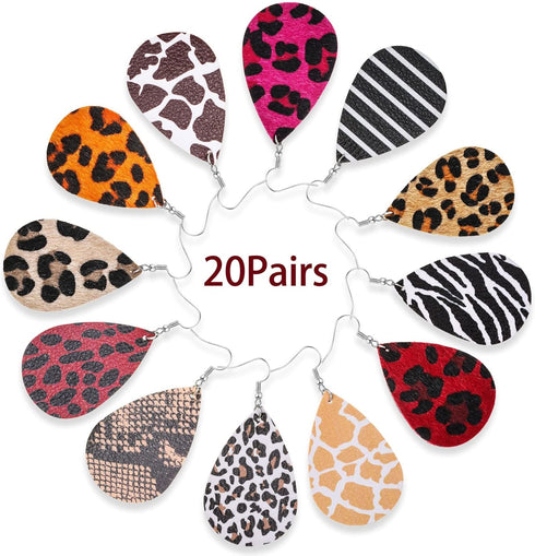 Hicarer 20 Pieces Leather Earrings for Women Petal Leopard Print Teardrop Dangle Earrings(Solid Teardrop Style)...
