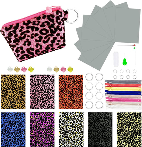 AOUXSEEM 8 Set Sewing Zipper Coin Purse Making Kit for Beginners Learn to Sew, Shiny Leopard Fabric DIY Small Pouch Bag Crafts Supplies for Women ...
