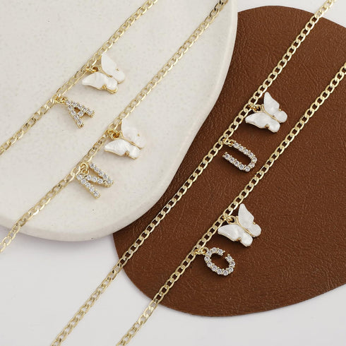 VIROMY 14K Gold Plated Dainty Butterfly Initial Ankle Bracelets Handmade Cuban Chain White Butterfly A-Z Alphabet Letter Initial Anklets Personali...