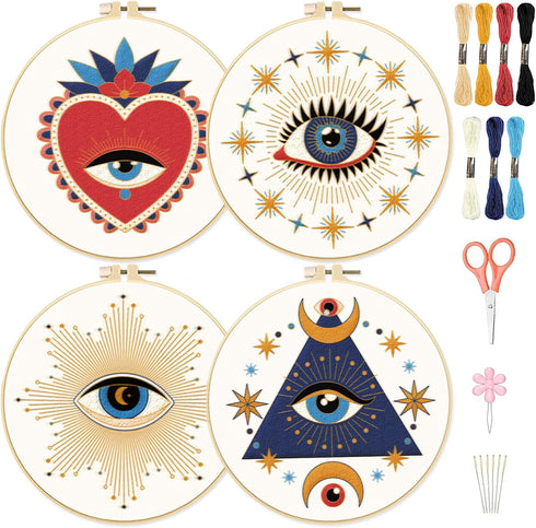 4 Pcs Evil Eye Embroidery Starters Kit for Beginners with Pattern and Instructions, Beginners Embroidery Stitch Practice kit Include Embroidery Cl...
