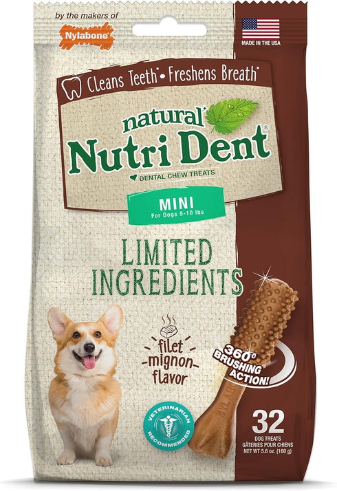 Nylabone Nutri Dent Dog Dental Chews - Natural Dog Teeth Cleaning & Breath Freshener - Dental Treats for Dogs - Filet Mignon Flavor, Mini (32 Coun...
