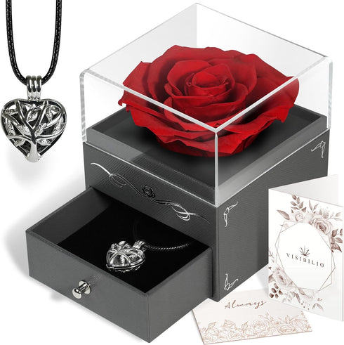 Forever Rose, Eternal Rose Box, Real Preserved Rose, Red Rose Necklace for Women, I Love You Gifts for Her, Birthday Gifts for Women, Aromatherapy...