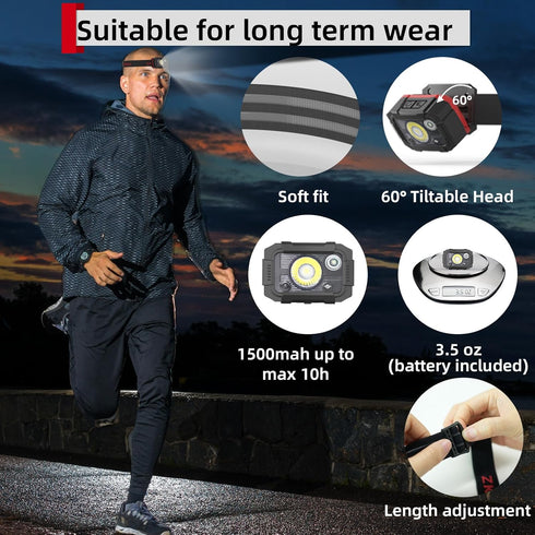 Headlamp Rechargeable, Motion Sensor Head Lamp, Head Lights for Forehead with Adjustable Headband, IPX4 Waterproof Headlamps for Adults & Kids, 6 ...