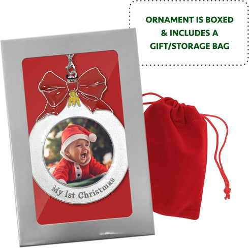 Baby's 1st Christmas Photo Ornament with a 2025 Charm - Shaped Like a Bulb with White Glitter and A Red Bow Design - Gift-Storage Bag Included - 3...