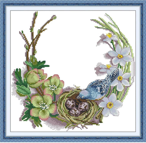CROSSDECOR Stamped Cross Stitch Kits-Bird's nest wreath Embroidery Patterns Full Set for Beginners or Adults,11 CT 3 Strands DIY Crossstitching Ki...