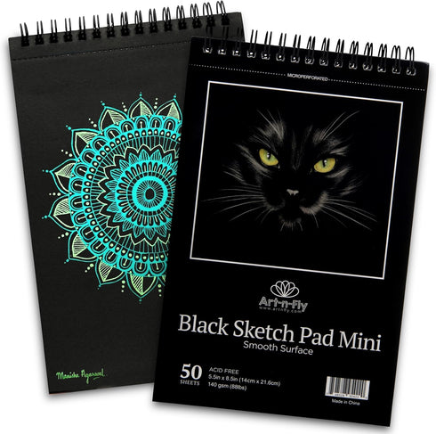 Art-N-Fly Black Sketch Pad Mini 5.5x8.5" 2 Pack - Black Paper Sketchbook for Drawings, Perforated Edge on Spiral 100 Sheets Total - Art Sketch Boo...