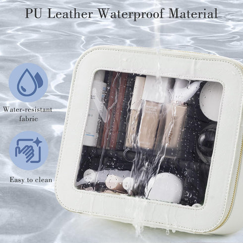 HBselect Clear Makeup Bag Travel Toiletry Bag with Double Zippers Makeup Organizer with Adjustable Dividers PU Leather Makeup Bags Waterproof Cosm...