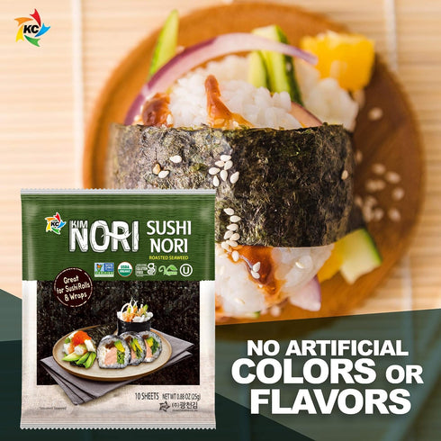 KIMNORI Sushi Nori Seaweed Sheets – 10 Full Size USDA Organic Yaki Roasted Rolls Wraps Snack 100% Natural Laver Gluten Free No MSG Non GMO Vegan K...