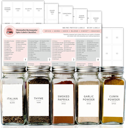 Minimalist Spice Labels - 160 Waterproof Spice Jar Labels - Preprinted Herb Stickers - Fits Round Bamboo Jars or Rectangular Glass Seasoning Conta...