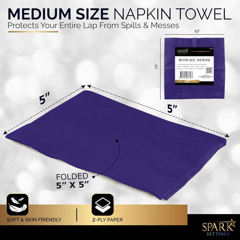 100 Pack Purple Beverage Napkins, Big Party Pack, 2 Ply, Ideal for Wedding, Party, Birthday, Dinner, Lunch, Cocktails. (5” x 5”) by Amcrate...
