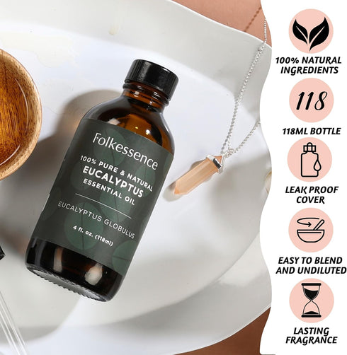 Folkulture Eucalyptus Essential Oil for Diffuser - 4 Fl Oz - 100% Pure, Natural and Undilluted Essential Oil, Premium Grade with Glass Dropper, Na...