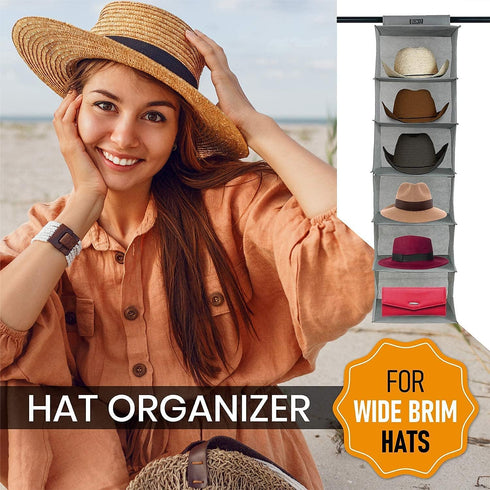 Boxy Concepts 6-Shelf Cowboy Hat Organizer Rack - 13in Wide X-Large Grey - Hat Rack for Wall Mount Hook & Loop - Soft Fabric Preserve Shape - Base...