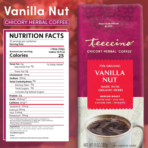 Teeccino Vanilla Nut Chicory Coffee Alternative - 11 Ounce - Ground Herbal Coffee That’s Prebiotic, Caffeine Free & Acid Free, Medium Roast...
