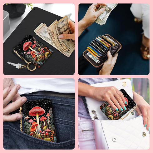 RFID Credit Card Holder Wallets for Women, Small Card Case Wallet with Keychain and Zipper, Mushrooms Leather Card Holder Pocket Business Card Acc...