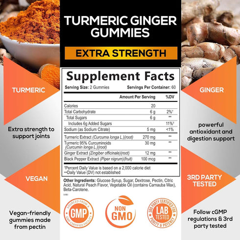 Turmeric Curcumin & Ginger Gummies 95% Curcuminoids with Black Pepper Extract for Max Absorption Joint Support, Nature's Tumeric Herbal Extract Su...