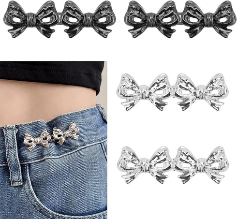 4 Pairs Bow Jeans Button Pins, Detachable Pant Waist Tightener Adjustable Waist Buckle Tighten Waist Buttons No Sew Pants Waist Adjuster Clips for...